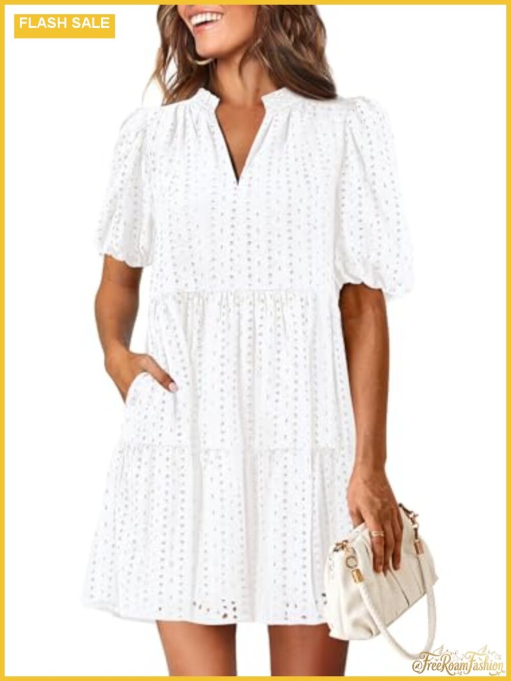 Eyelet Lace Mini Shift Dress V-Neck Short Sleeve Pockets